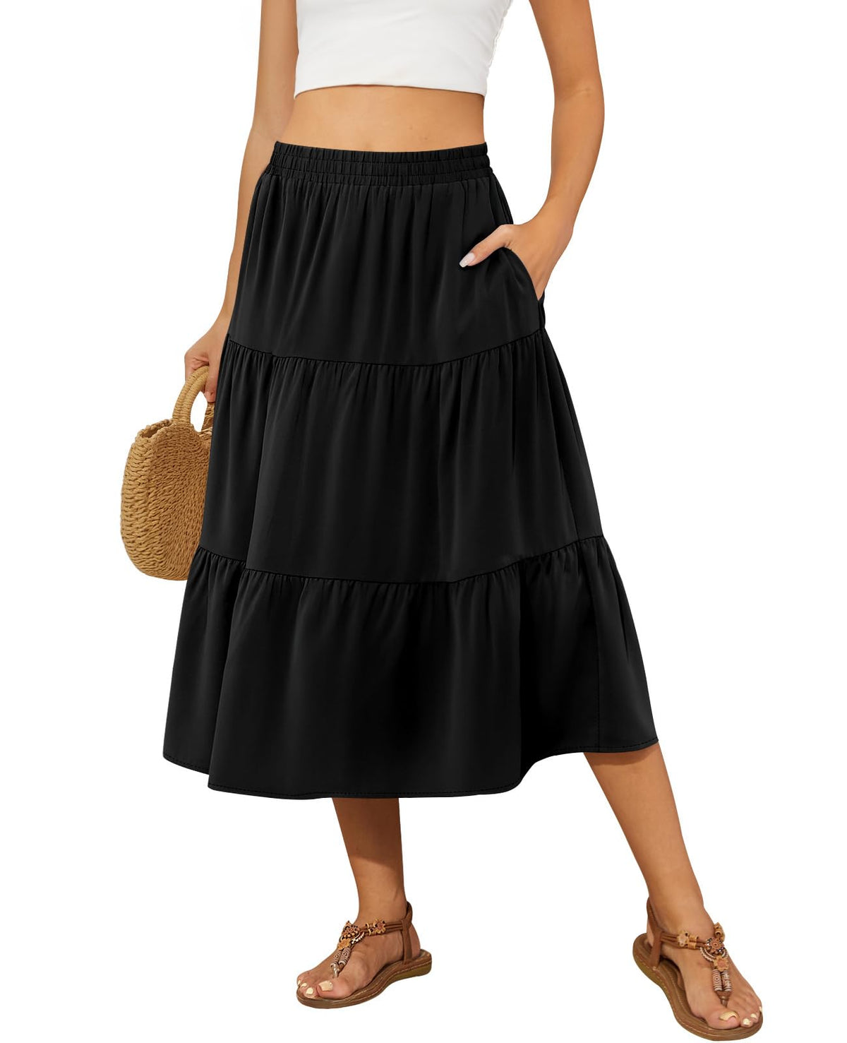 DouBCQ Women's Midi Skirt Flowy Tiered Ruffle High Waist Skirts