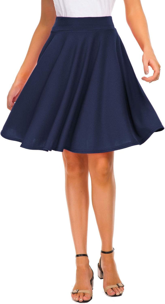 EXCHIC Women's Casual Stretchy Flared Mini Skater Skirt Basic A-Line Pleated Midi Skirt