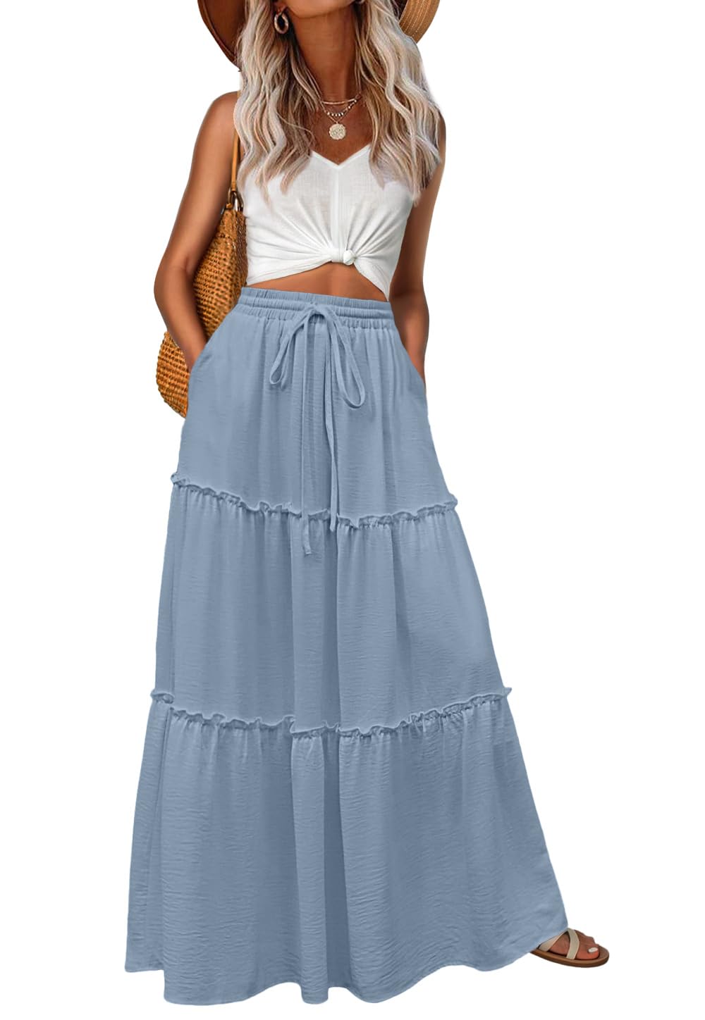 Lepunuo Womens Casual Boho High Waisted Flowy Maxi Skirts Tiered Floral Long Skirts with Pockets for Summer Beach Vacation