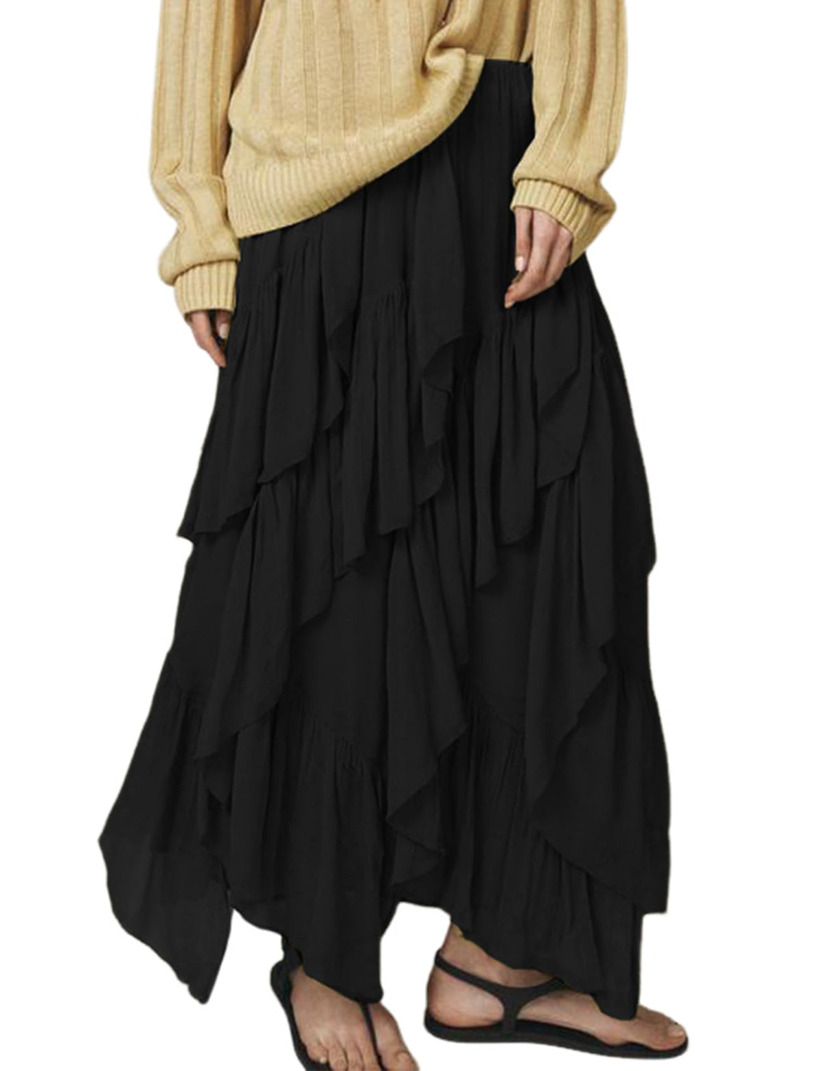 Women's Ruffle Maxi Skirt Long Flowy Layered Skirts Tiered Trendy Skirt