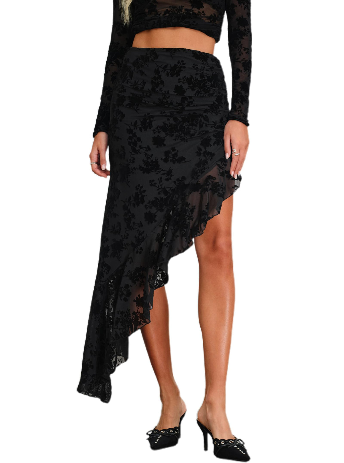 Women's High Waisted Asymmetrical Ruched Mesh Flowy Ruffle Trim Midi Long Skirt