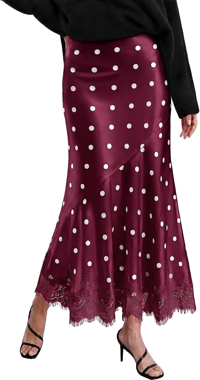Tankaneo Womens Satin Skirt Polka Dot Silk Lace Trim Mermaid Maxi Skirt