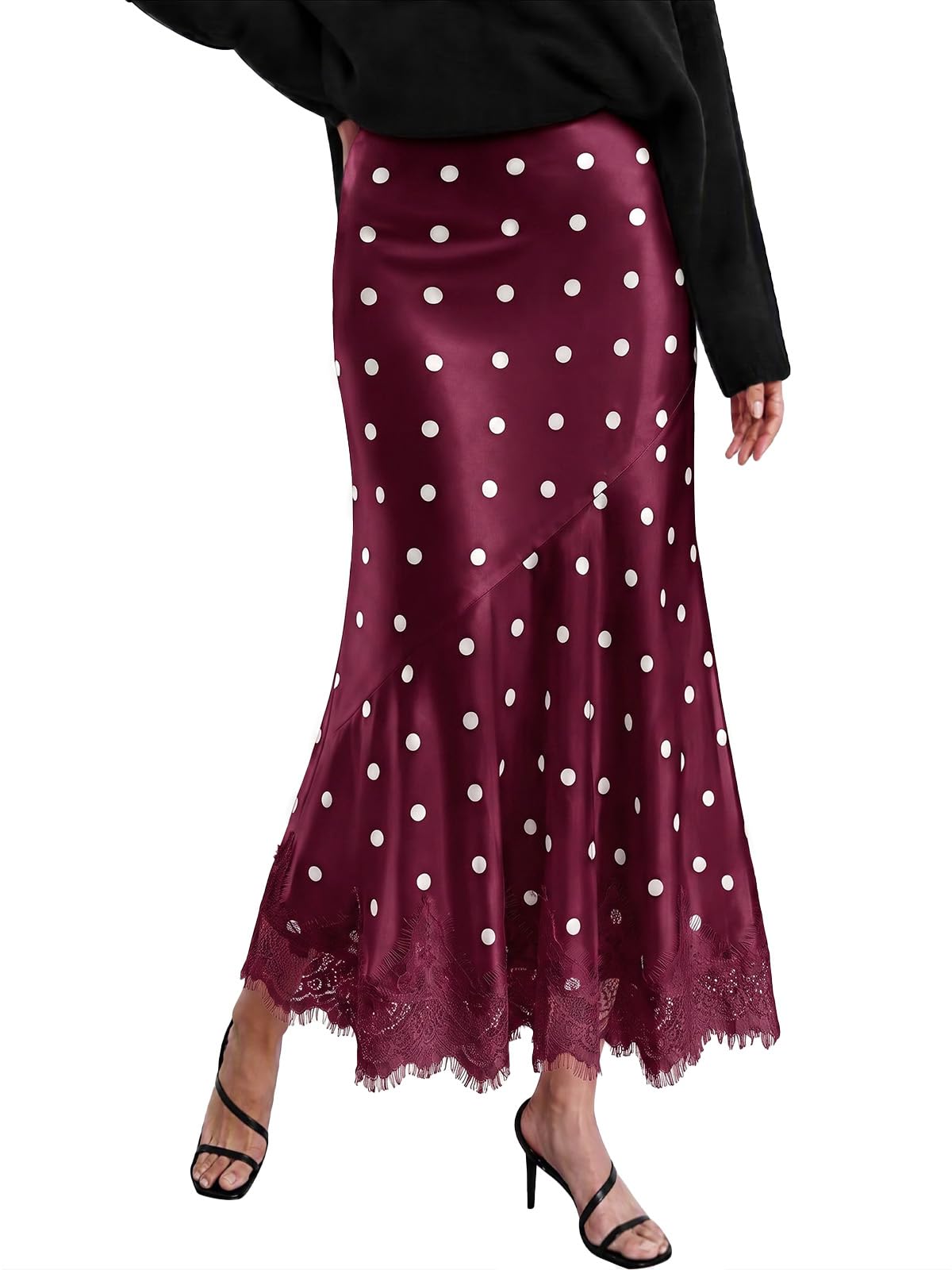 Tankaneo Womens Satin Skirt Polka Dot Silk Lace Trim Mermaid Maxi Skirt