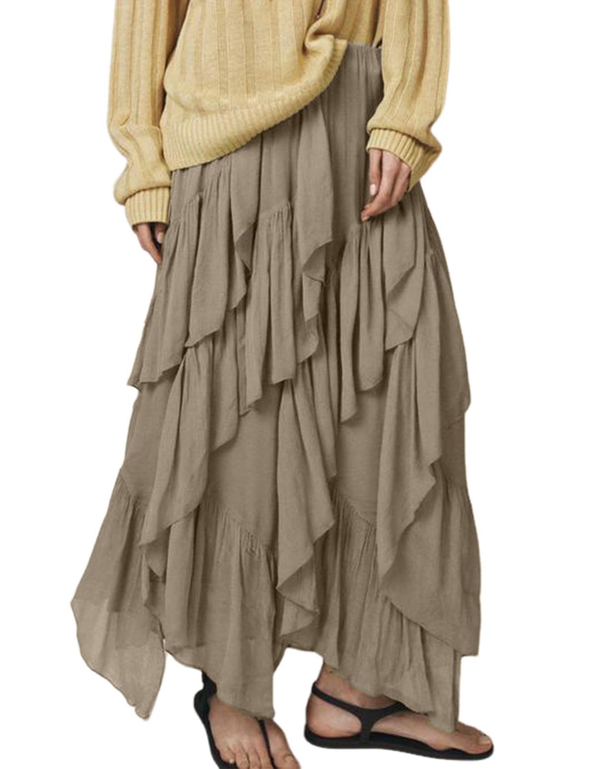 Women's Ruffle Maxi Skirt Long Flowy Layered Skirts Tiered Trendy Skirt