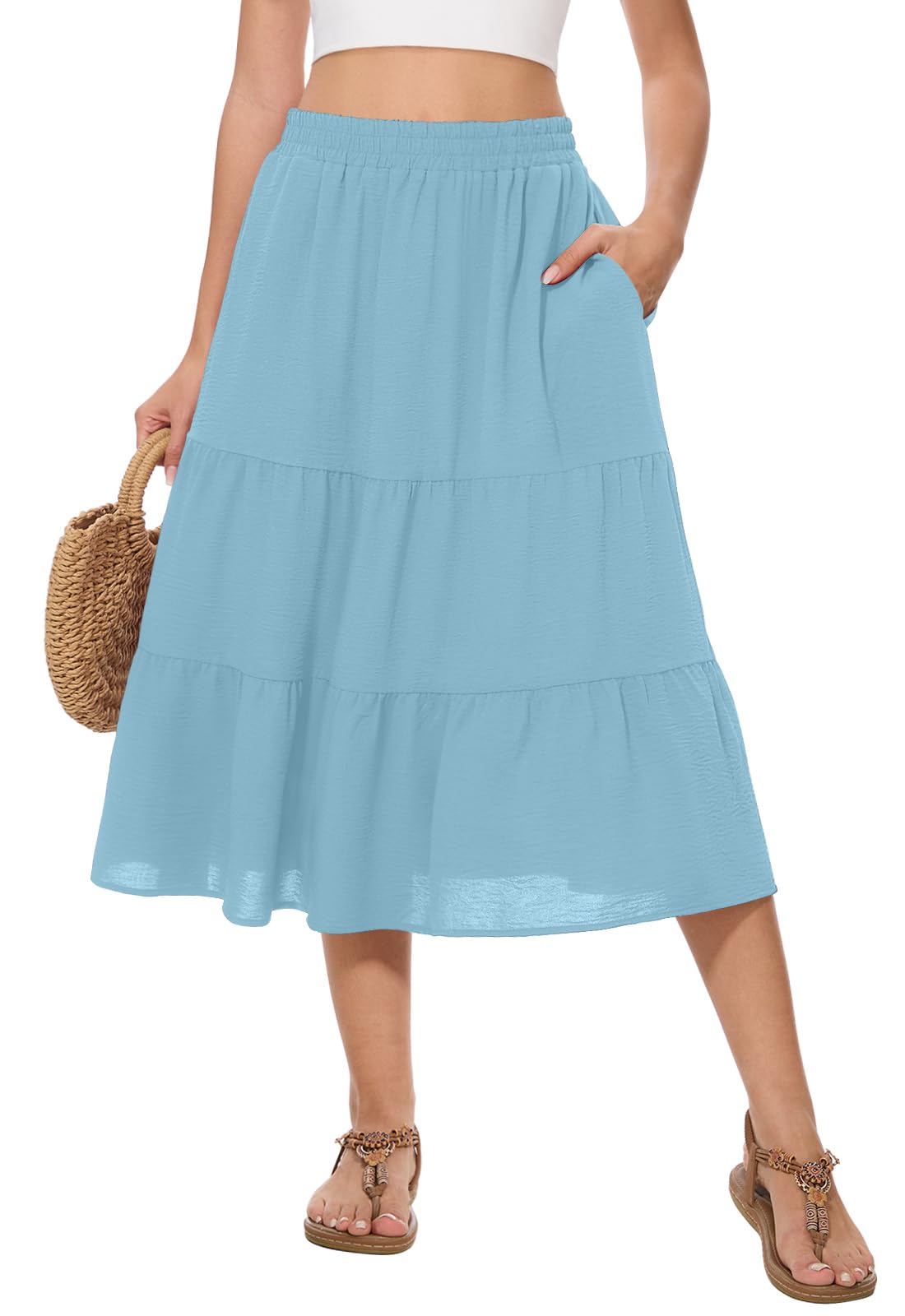 Women's Summer Midi Tiered Flowy High Waist A-Line Casual Skirts