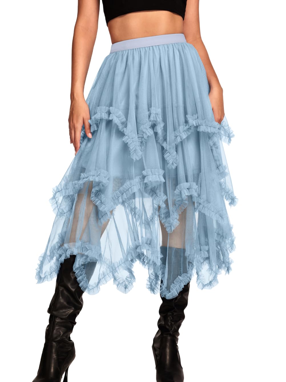 Kaei&Shi Long Tulle Skirt,Asymmetrical Ruffle Hem,Renaissance Fairy Costume