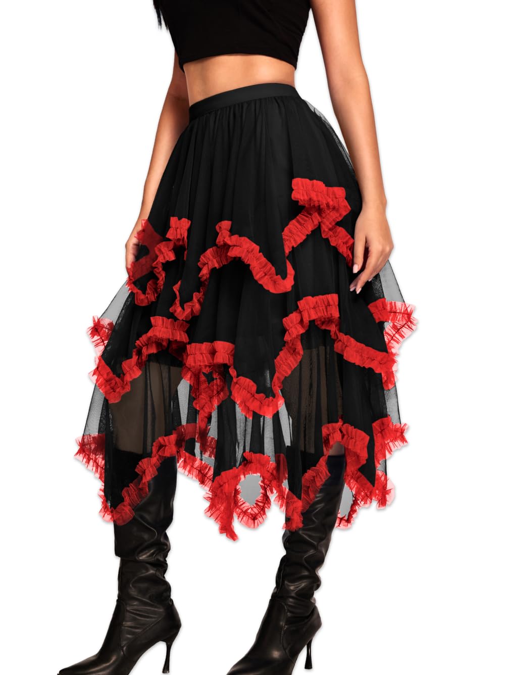 Kaei&Shi Long Tulle Skirt,Asymmetrical Ruffle Hem,Renaissance Fairy Costume