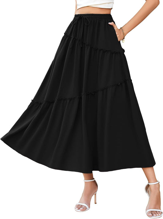 Gracyoga Womens Summer Casual Maxi Skirts Smocked Layered Tiered High Waisted A Line Flowy Long Elegant Skirt with Pockets