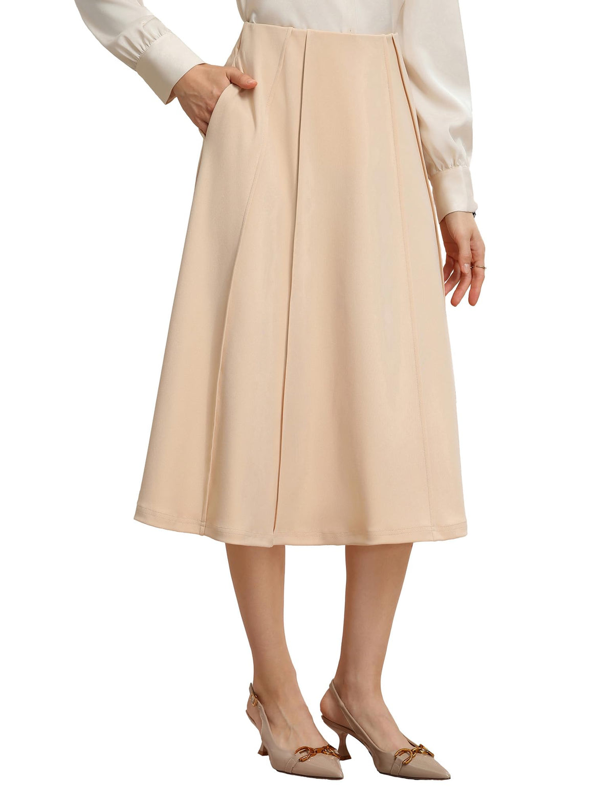 Kate Kasin Women's Midi A Line High Waisted Flowy Skirts with Pockets