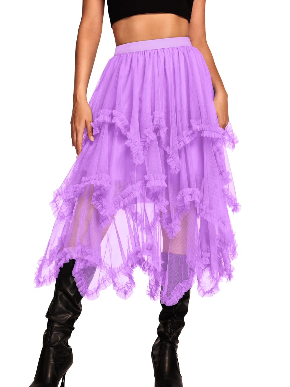 Kaei&Shi Long Tulle Skirt,Asymmetrical Ruffle Hem,Renaissance Fairy Costume