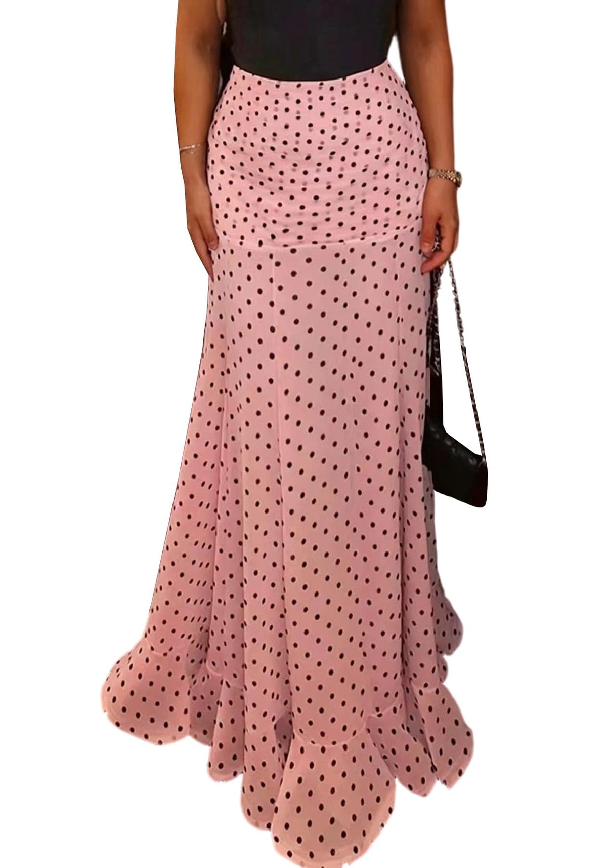 Women's Chiffon Polka Dot Maxi Skirt Ruched Mermaid Ruffle Skirts