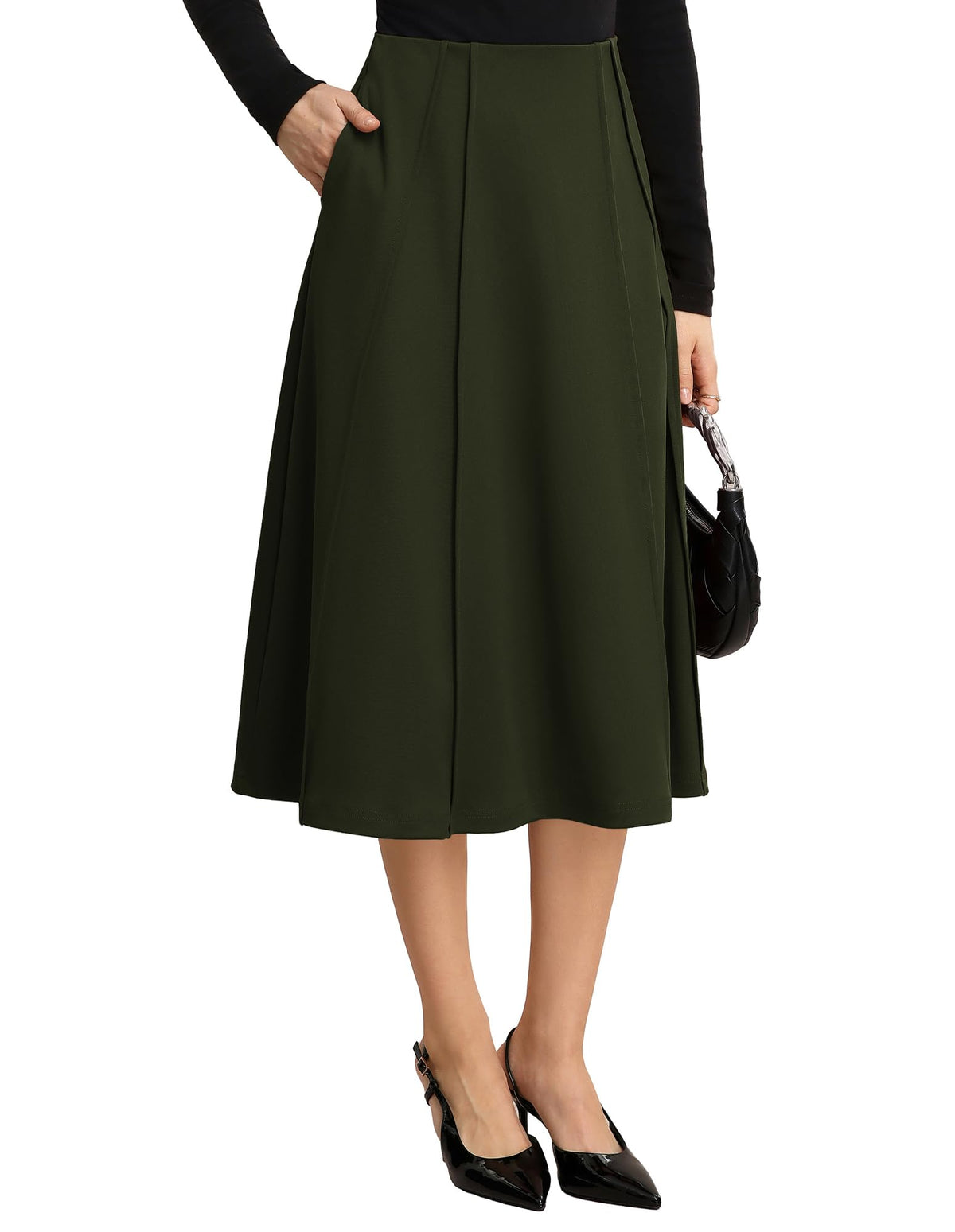 Kate Kasin Women's Midi A Line High Waisted Flowy Skirts with Pockets