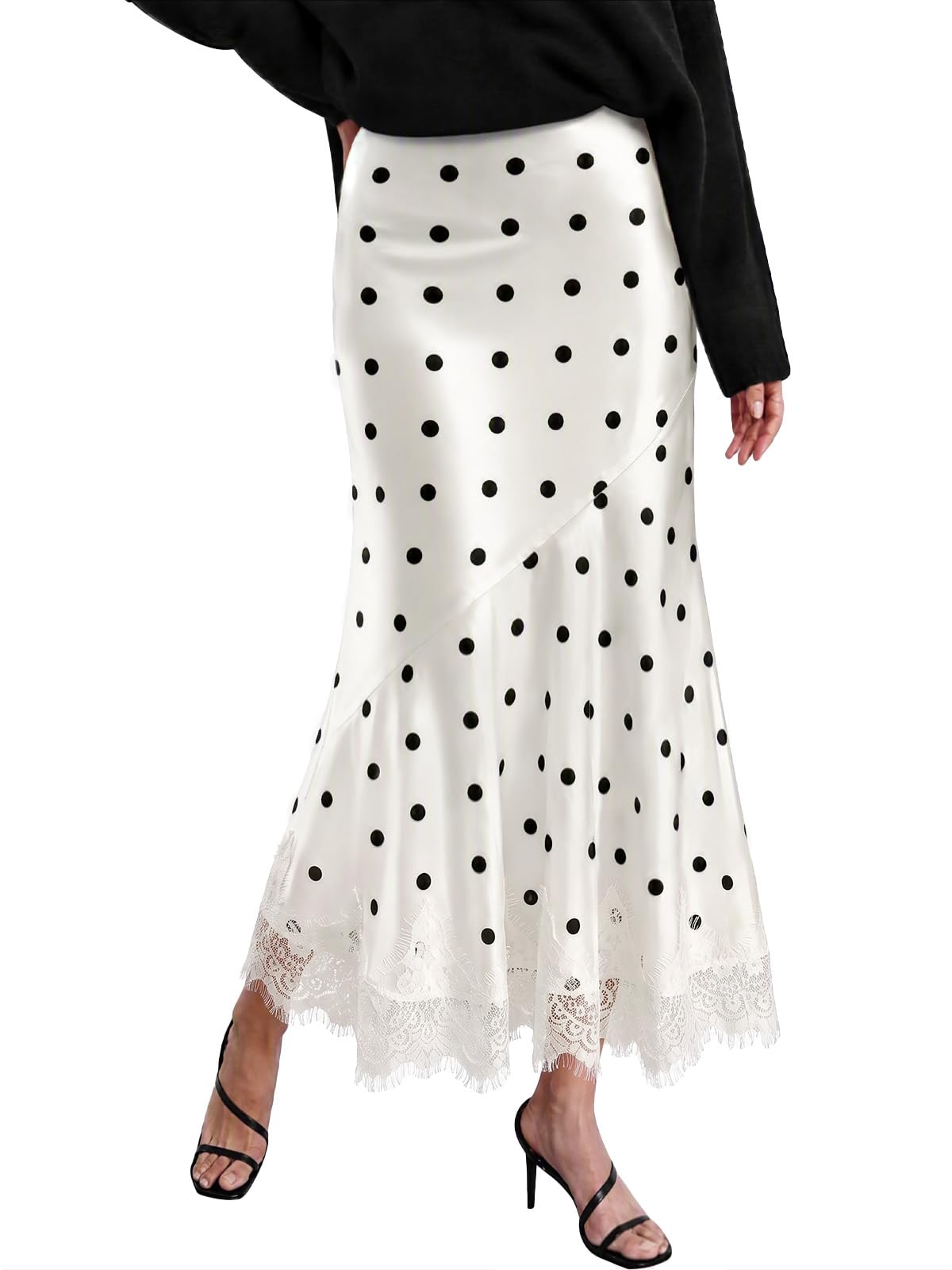 Tankaneo Womens Satin Skirt Polka Dot Silk Lace Trim Mermaid Maxi Skirt