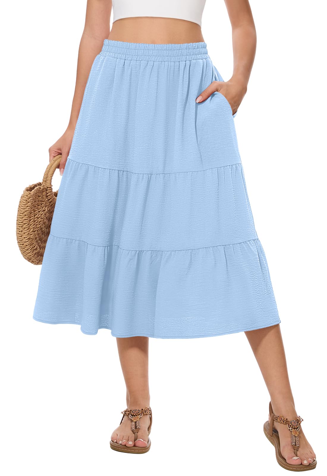 Women's Summer Midi Tiered Flowy High Waist A-Line Casual Skirts