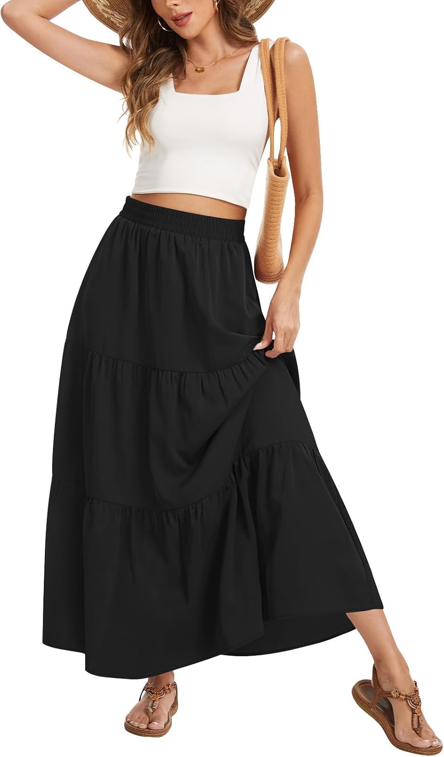 Women's Summer Boho Maxi Skirt Long Flowy Tiered A-Line High Waist Pleated Skirts with Pockets for Beach Vacation