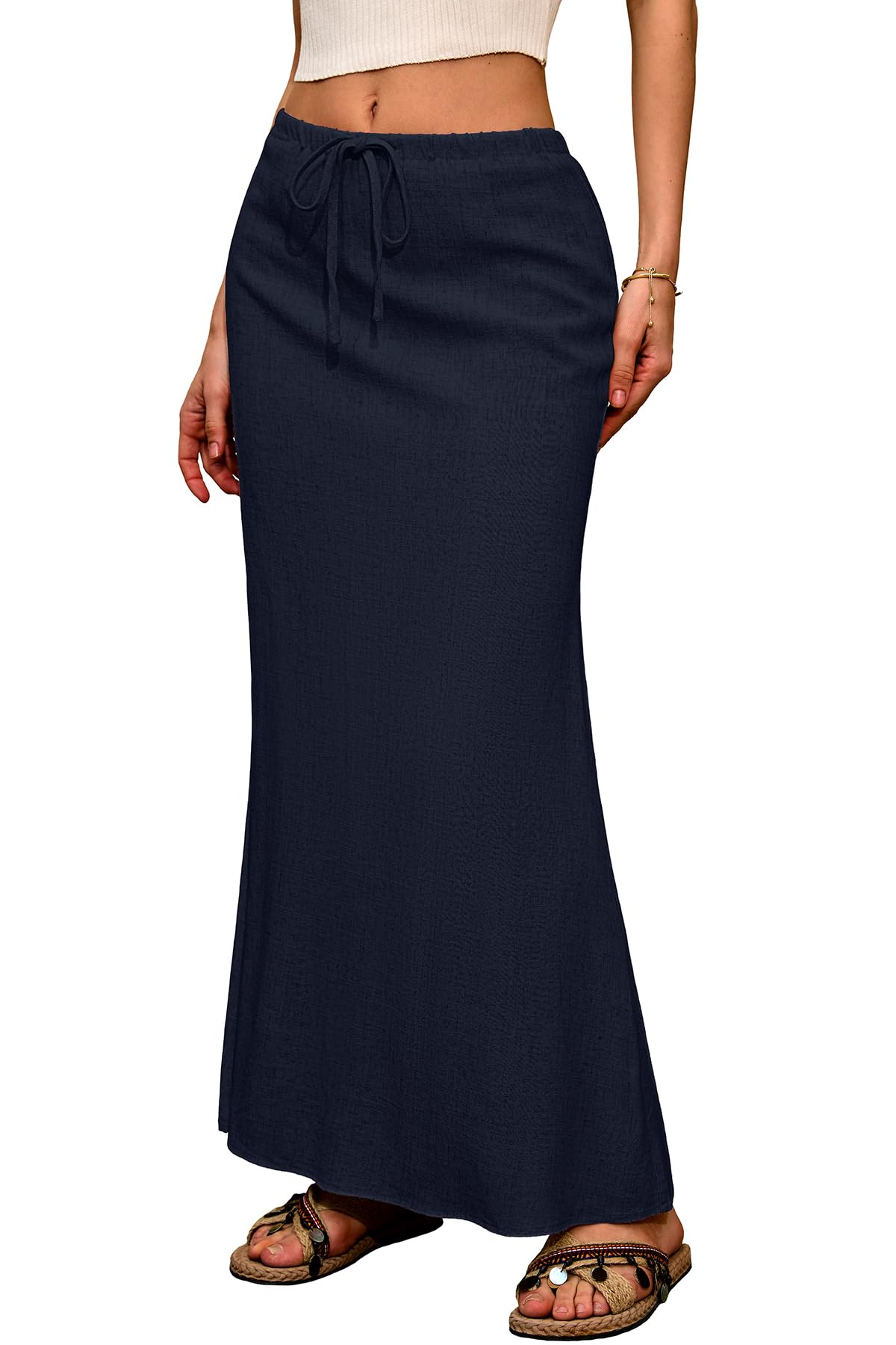 ELLEVEN Linen Flared Maxi Skirt, Boho Flowy Ankle-Length Skirts for Women