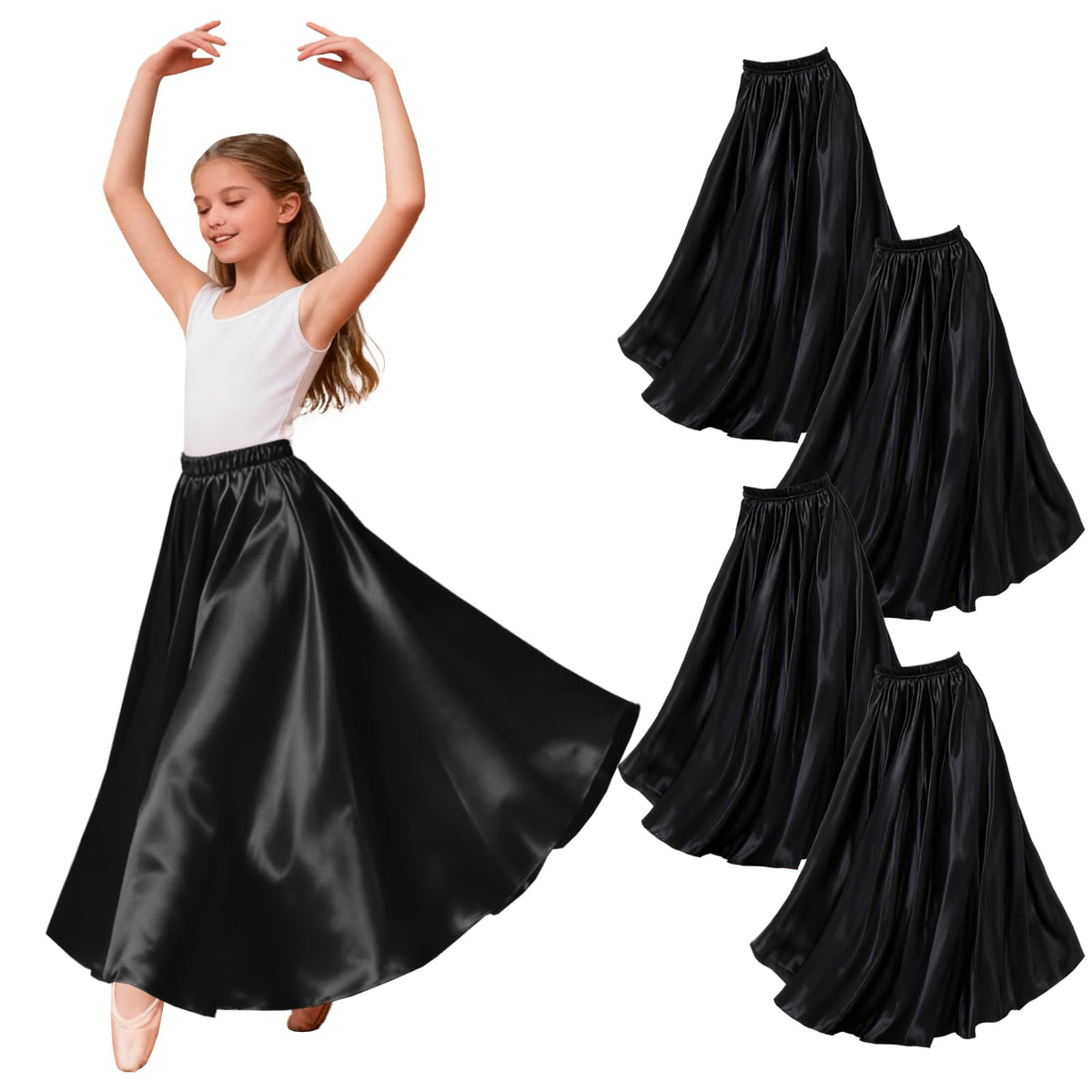 4PCS Ankle Length Satin Full Circle Skirt for Girls, Perfect for Belly Dance and Flamenco, Elegant Swing Dance Attire