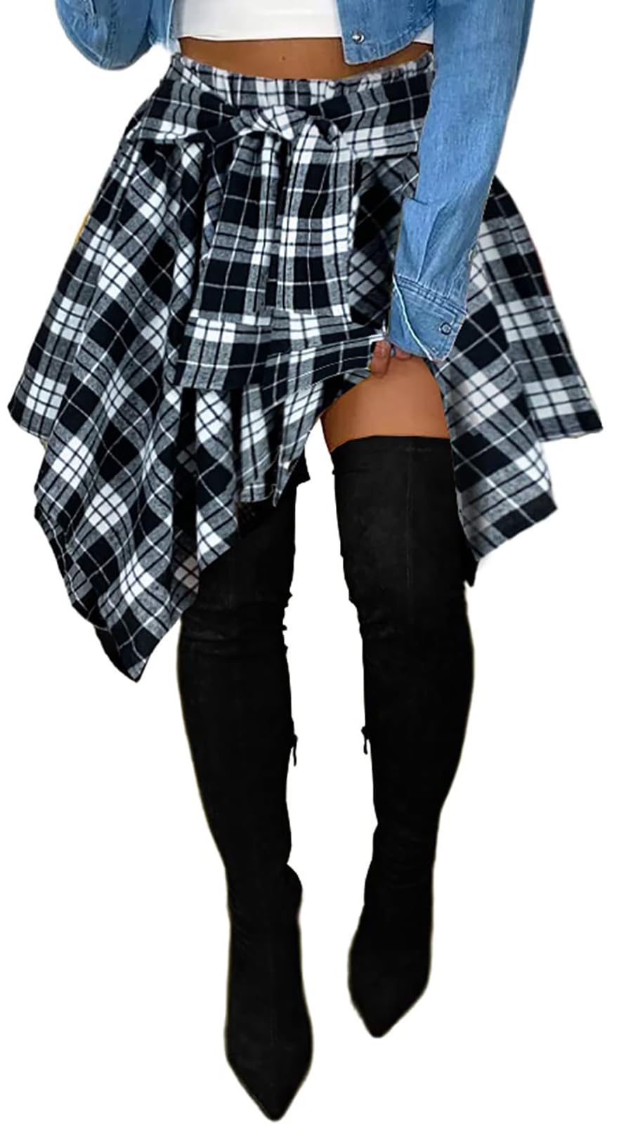 YBSKG Womens Plaid Skirts Elastic High Waist Tie Front Pleated Mini Skirt