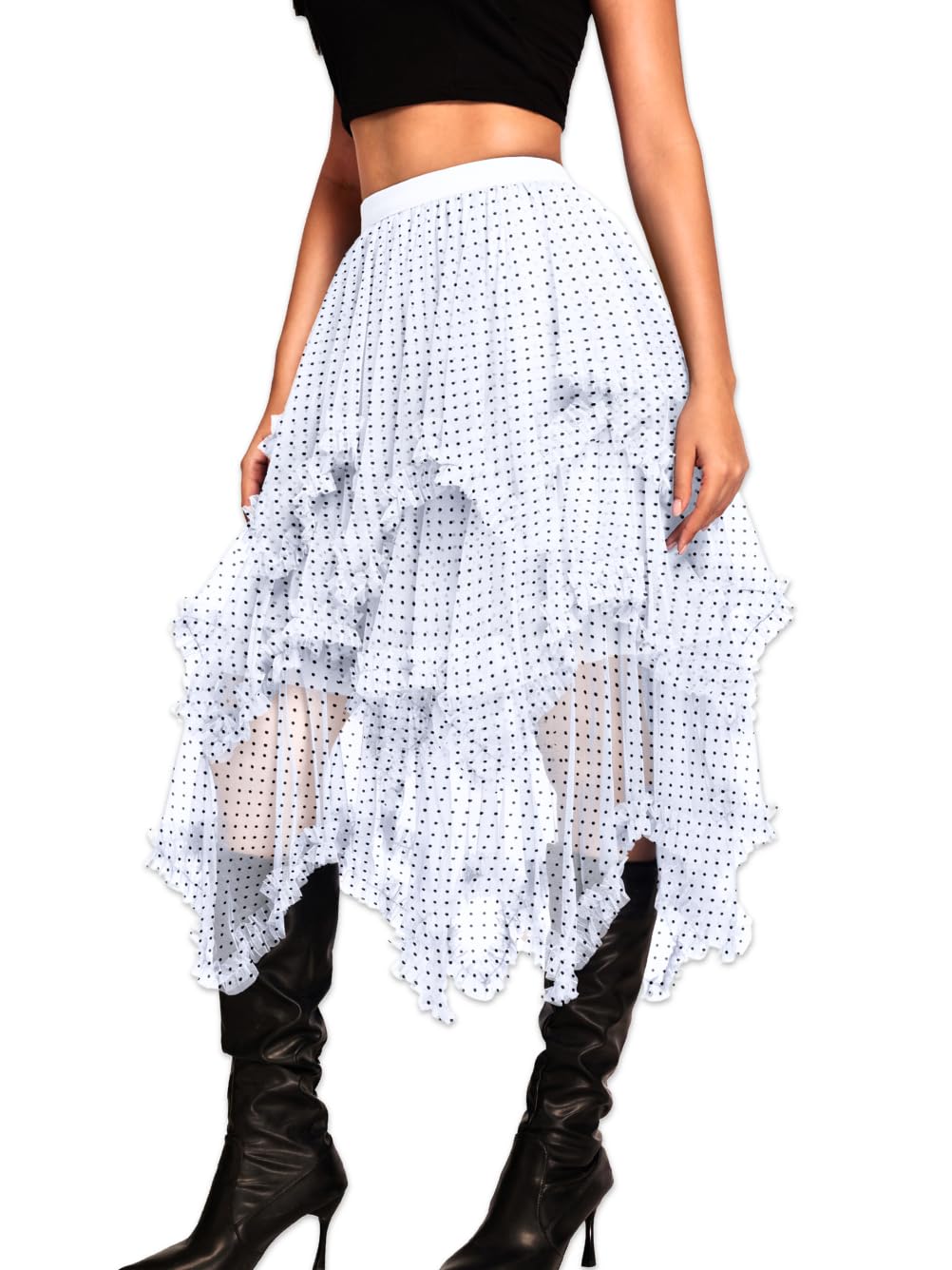 Kaei&Shi Long Tulle Skirt,Asymmetrical Ruffle Hem,Renaissance Fairy Costume