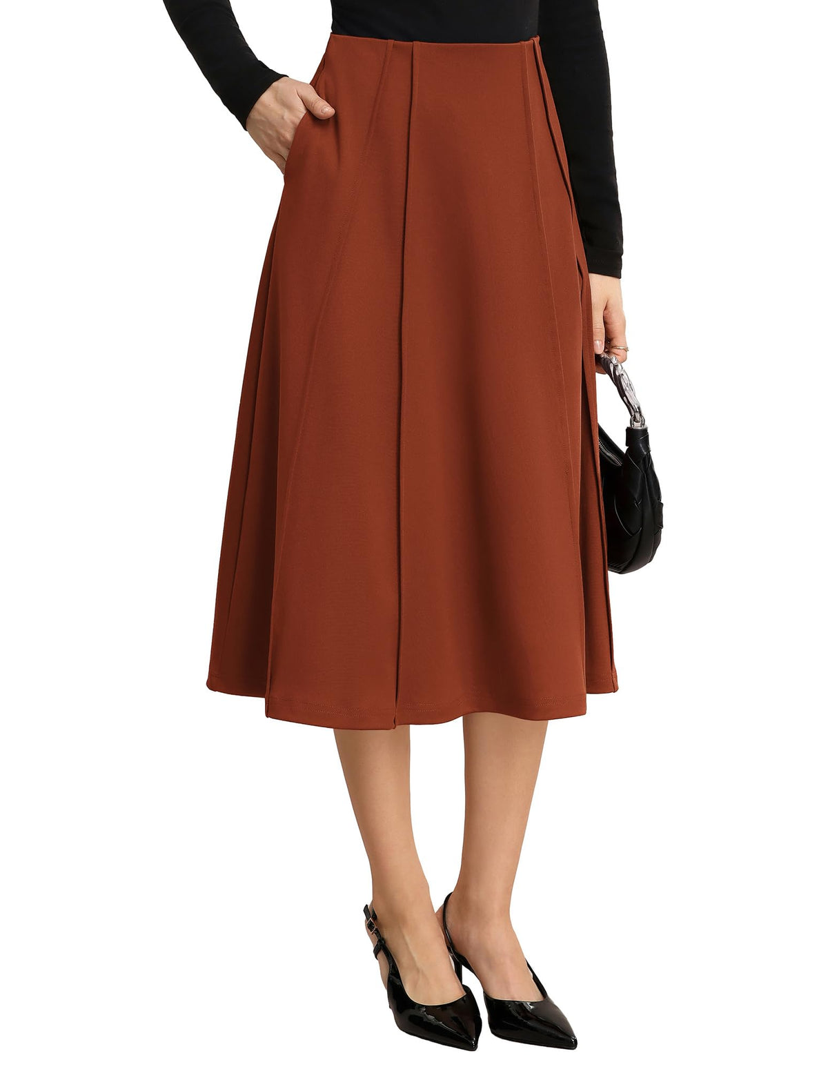 Kate Kasin Women's Midi A Line High Waisted Flowy Skirts with Pockets