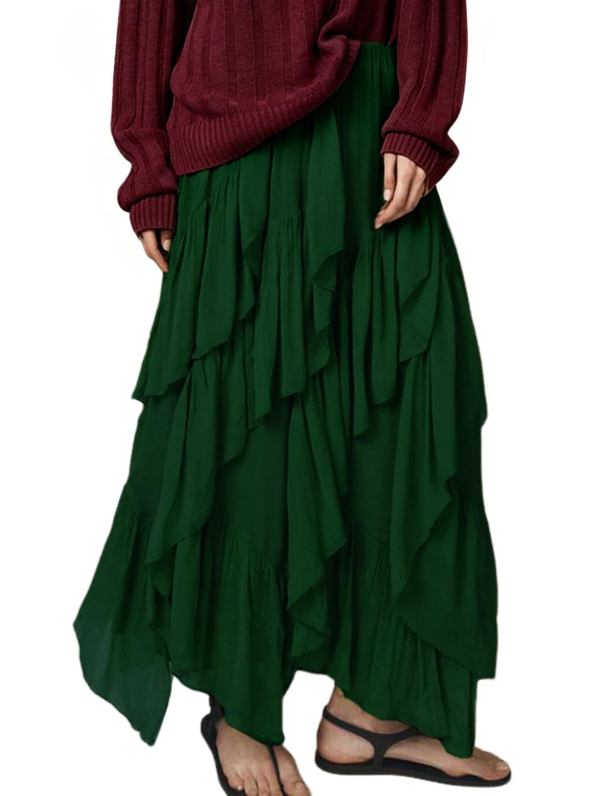 Women's Ruffle Maxi Skirt Long Flowy Layered Skirts Tiered Trendy Skirt