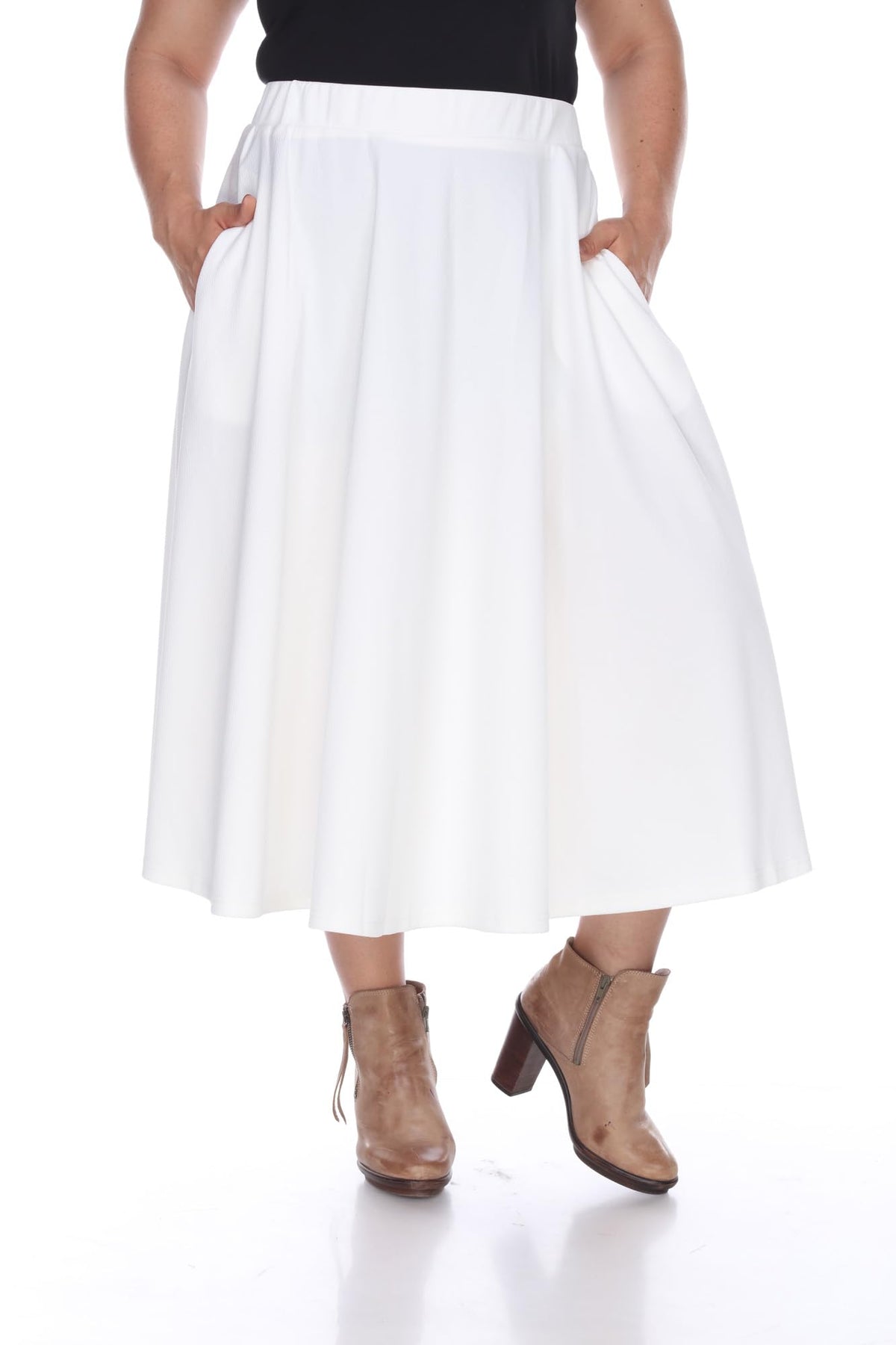 White Women's Plus Size Flared Midi Skirt with Pockets