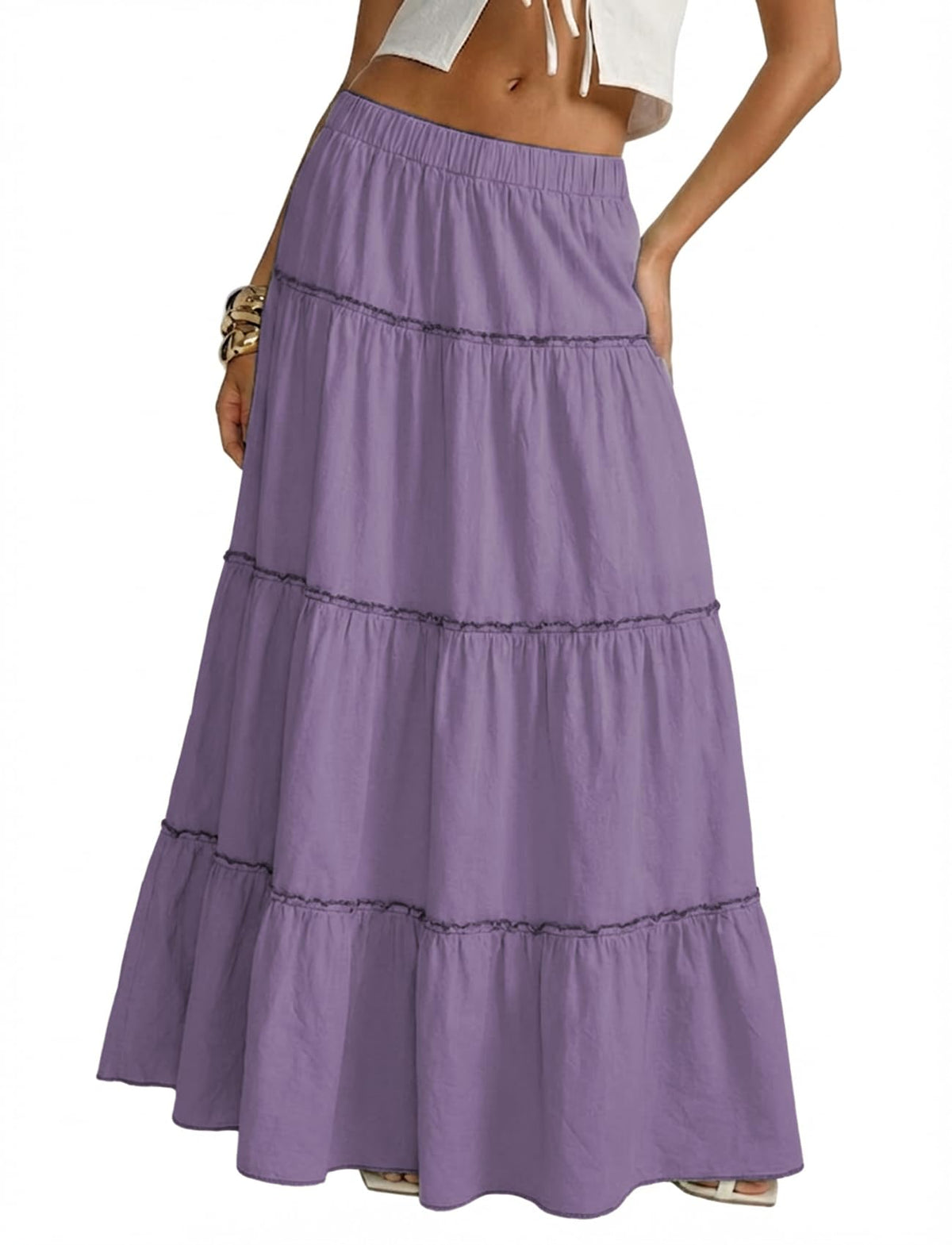 Cotton Maxi Skirt for Women Flowy Tiered Boho with Elastic Waist