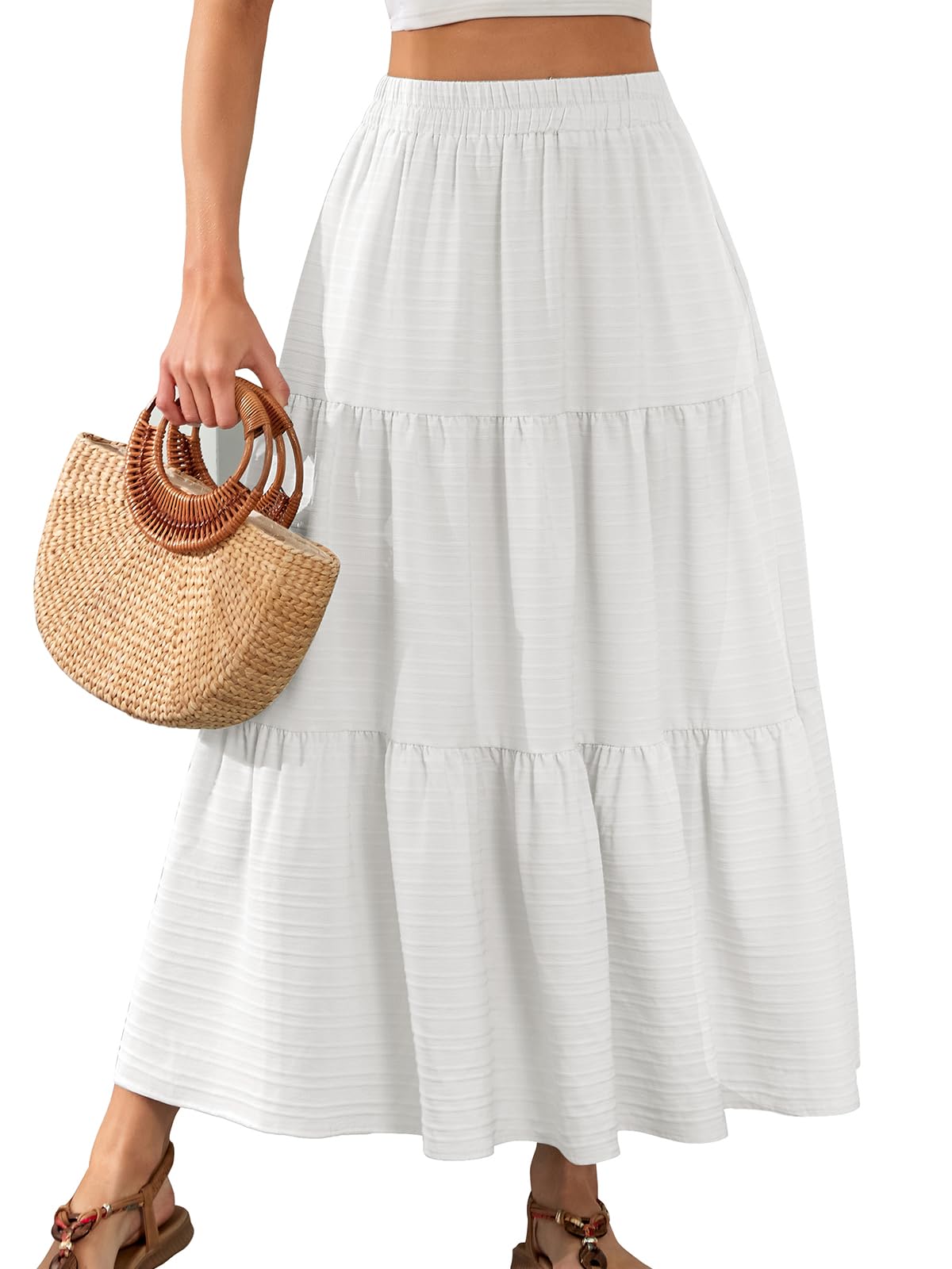 HUSKARY Women's Summer Casual Elegant Smock Layered Tiered Maxi Skirt High Waisted A Line Flowy Long Skirts with Pockets