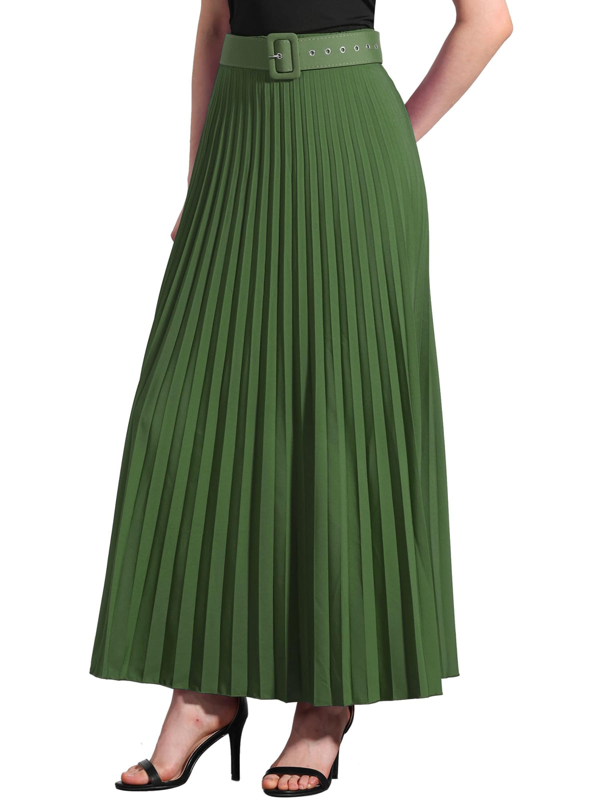 Allegra K Women High Waist Elastic Flowy A-Line Maxi Pleated Skirt