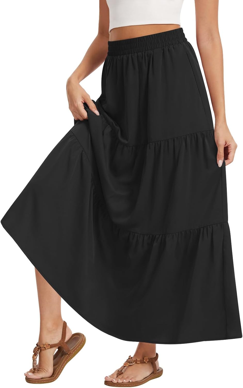 Women's Summer Boho Maxi Skirt Long Flowy Tiered A-Line High Waist Pleated Skirts with Pockets for Beach Vacation