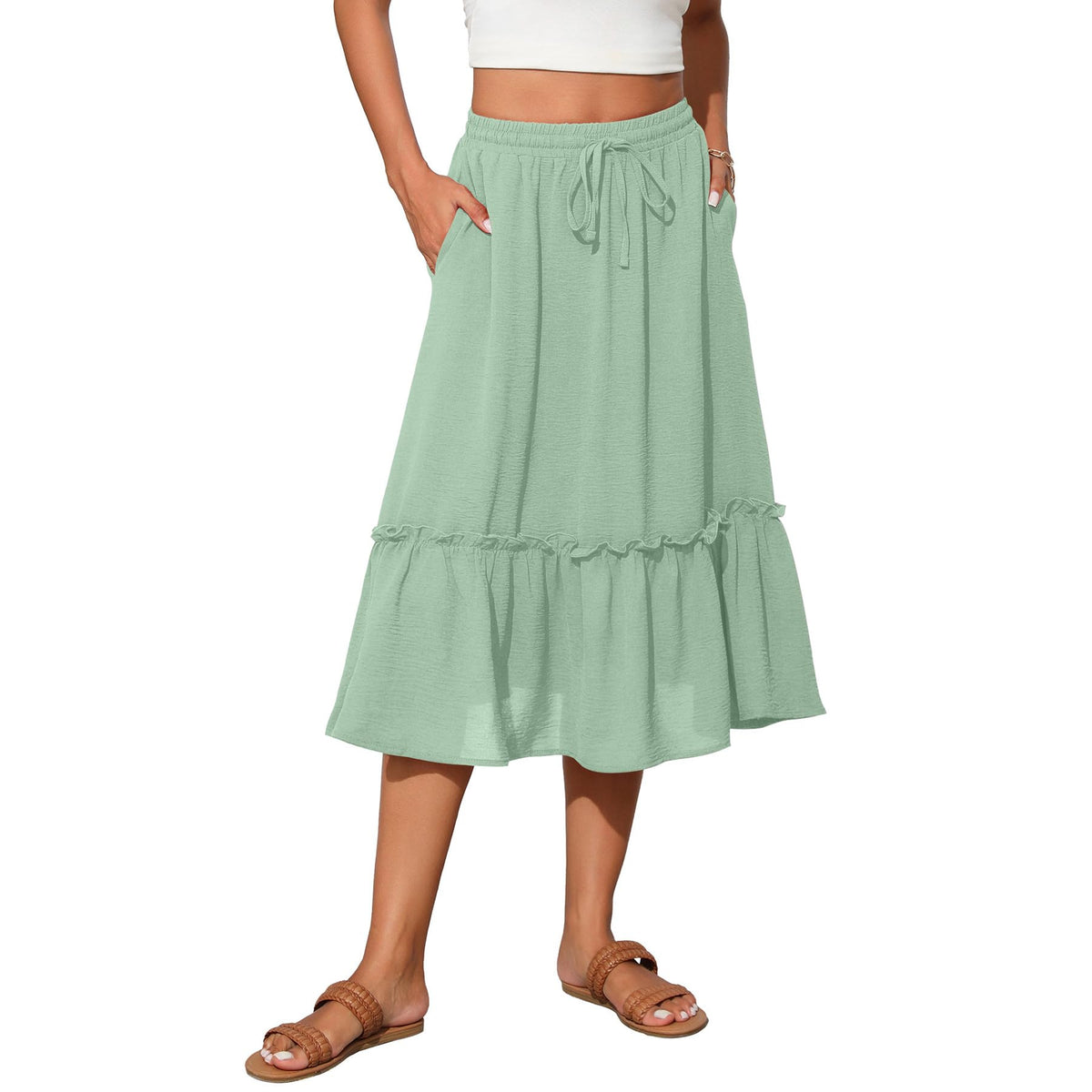 Witsmile Womens High Waist Tiered Midi Skirt Flowy Long Length with Pockets