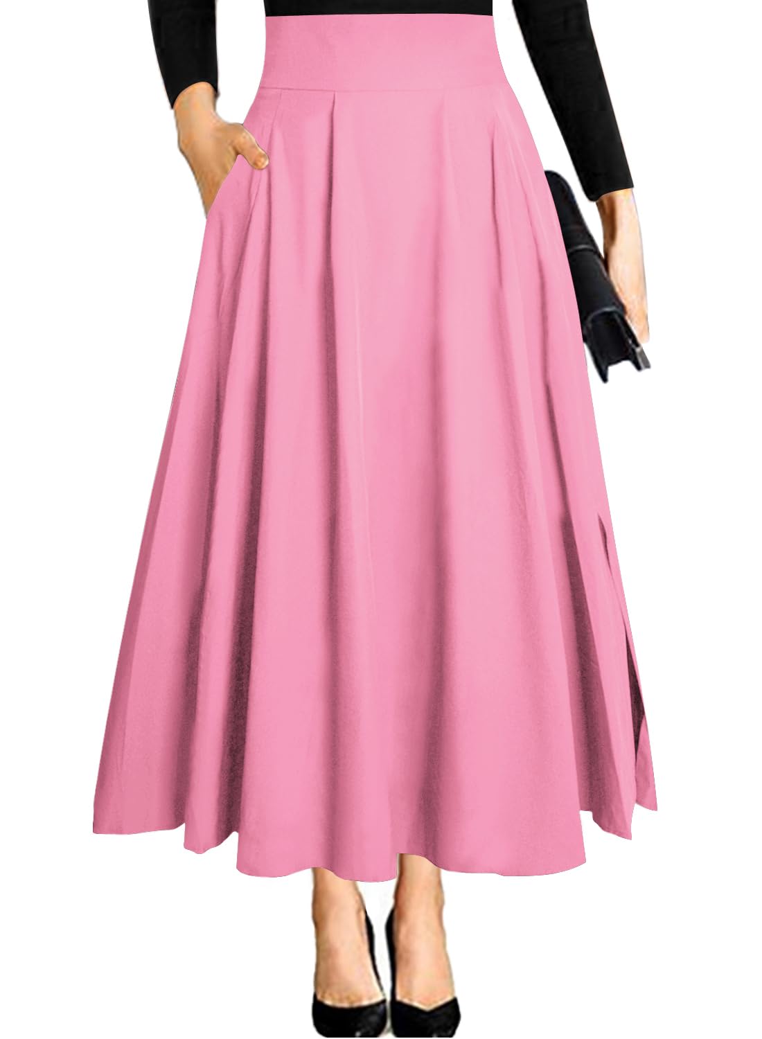 RANPHEE Women's Ankle Length High Waist A-line Flowy Long Maxi Skirt with Pockets