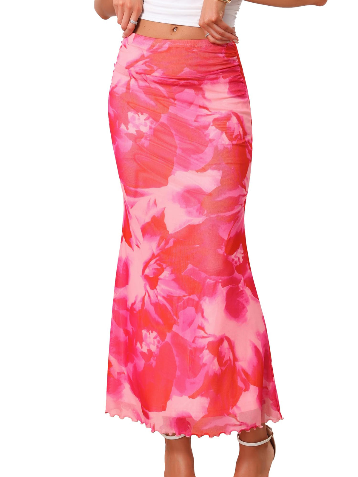 Allegra K Floral Mesh Maxi Skirt for Women Summer 2026 High Waisted Boho Bodycon Fishtail Long Skirts