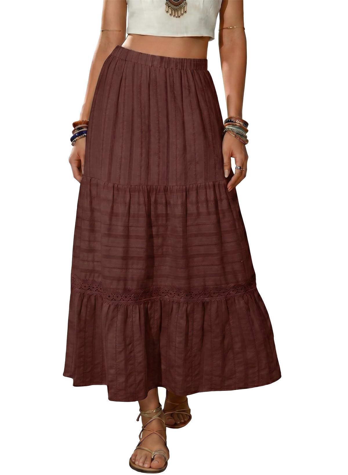 BLENCOT Women's Boho Tiered High Waisted Cotton Long Flowy Skirt