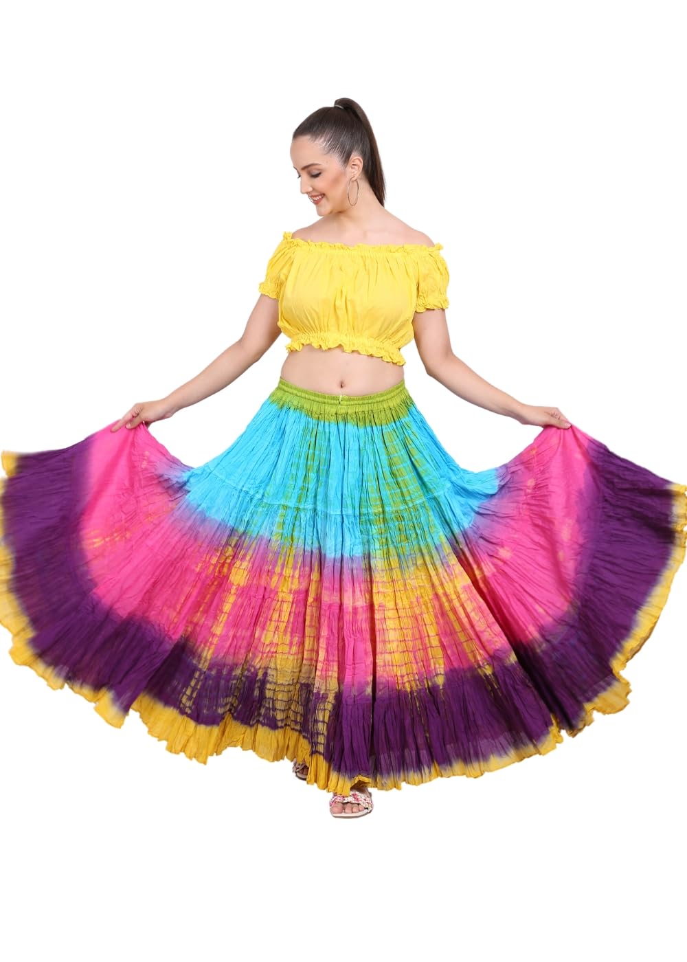 Wevez Women’s 40 Inch Cotton Full Circle Elastic Waist Tribal Fusion Belly Dance A Line Plus Size Maxi Skirt