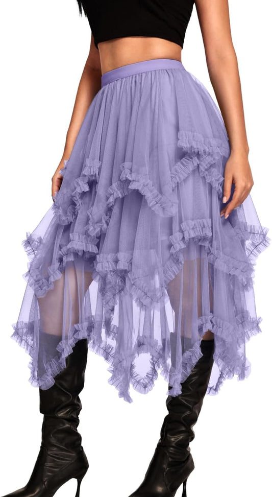 Kaei&Shi Long Tulle Skirt,Asymmetrical Ruffle Hem,Renaissance Fairy Costume