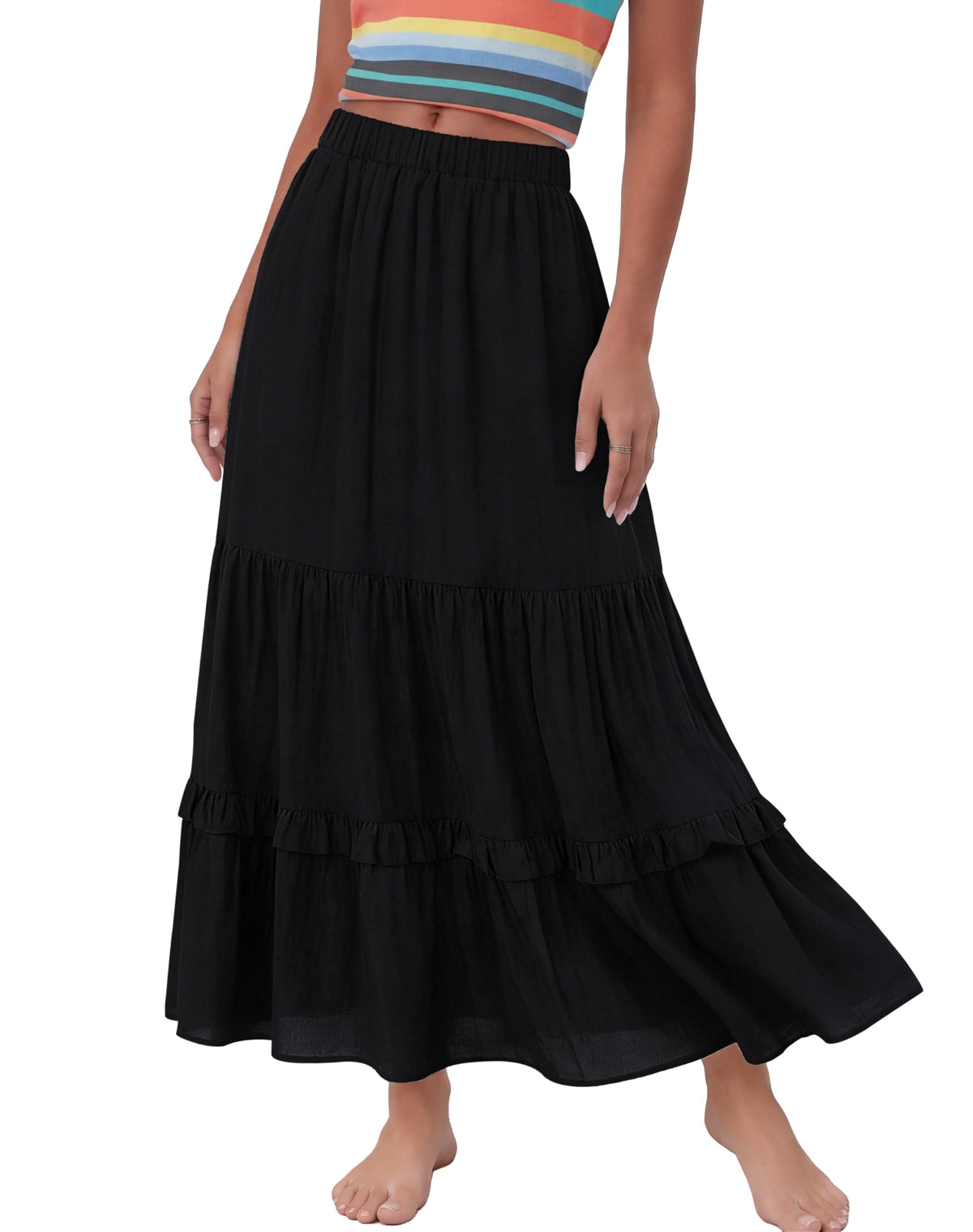Annebouti 2026 Spring Summer Elastic Waisted Ruffle Long Skirt Flowy Tiered A-Line Maxi Skirts for Women
