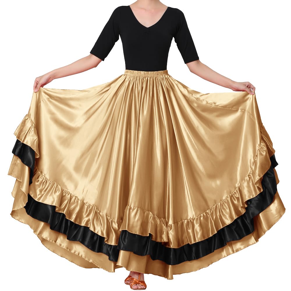 Women Black Red Layers Satin Long Skirt for Spanish Flamenco Belly Dance Mexico Ballet Folklorico Performance