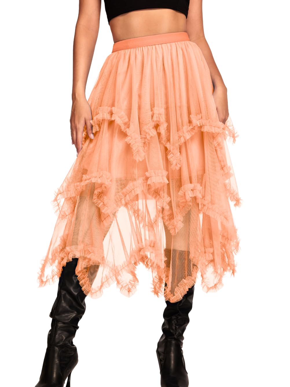 Kaei&Shi Long Tulle Skirt,Asymmetrical Ruffle Hem,Renaissance Fairy Costume