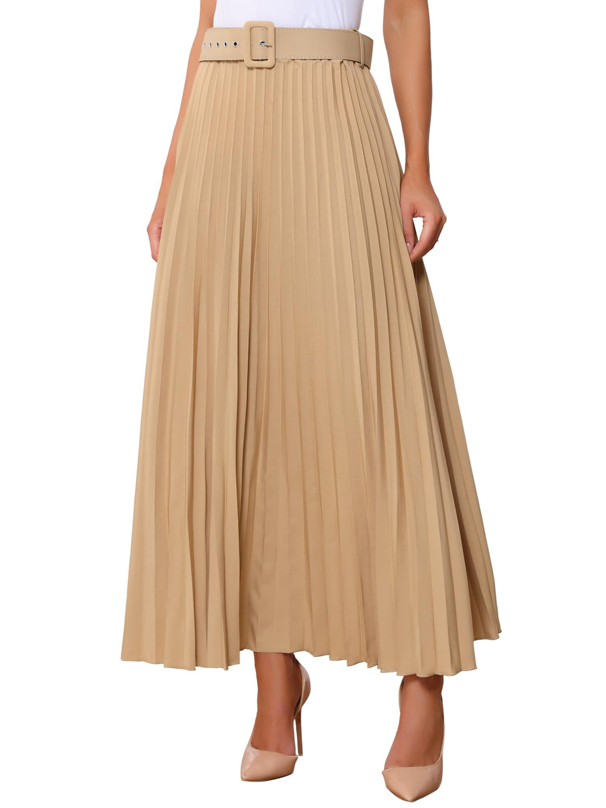 Allegra K Women High Waist Elastic Flowy A-Line Maxi Pleated Skirt