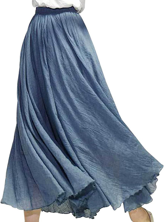 Kafeimali Women Bohemian Cotton Linen Double Layer Elastic Waist Long Maxi Skirt