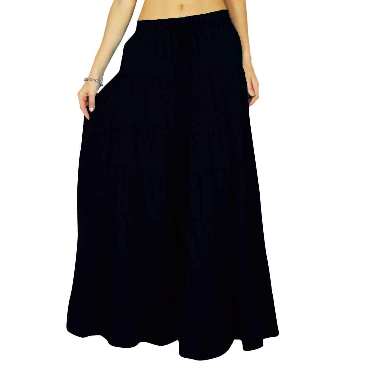 Solid Long Maxi Cotton Beach Wear Skirt For Women Elastic Waist Skirt Summer Wear