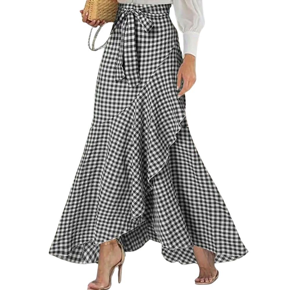 chouyatou Women's Casual Plaid Mermaid Maxi Skirt A Line Irregular Ruffle Hem Fishtail Long Skirt