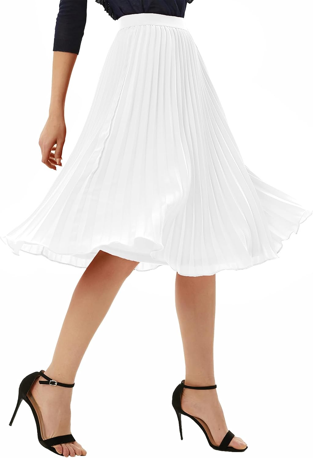 Pleated Midi Skirts for Women High Waist Knee Length Skirt