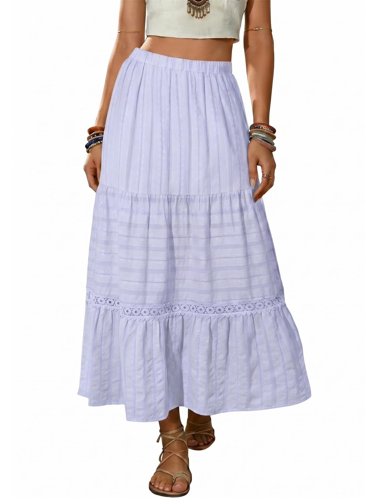 BLENCOT Women's Boho Tiered High Waisted Cotton Long Flowy Skirt