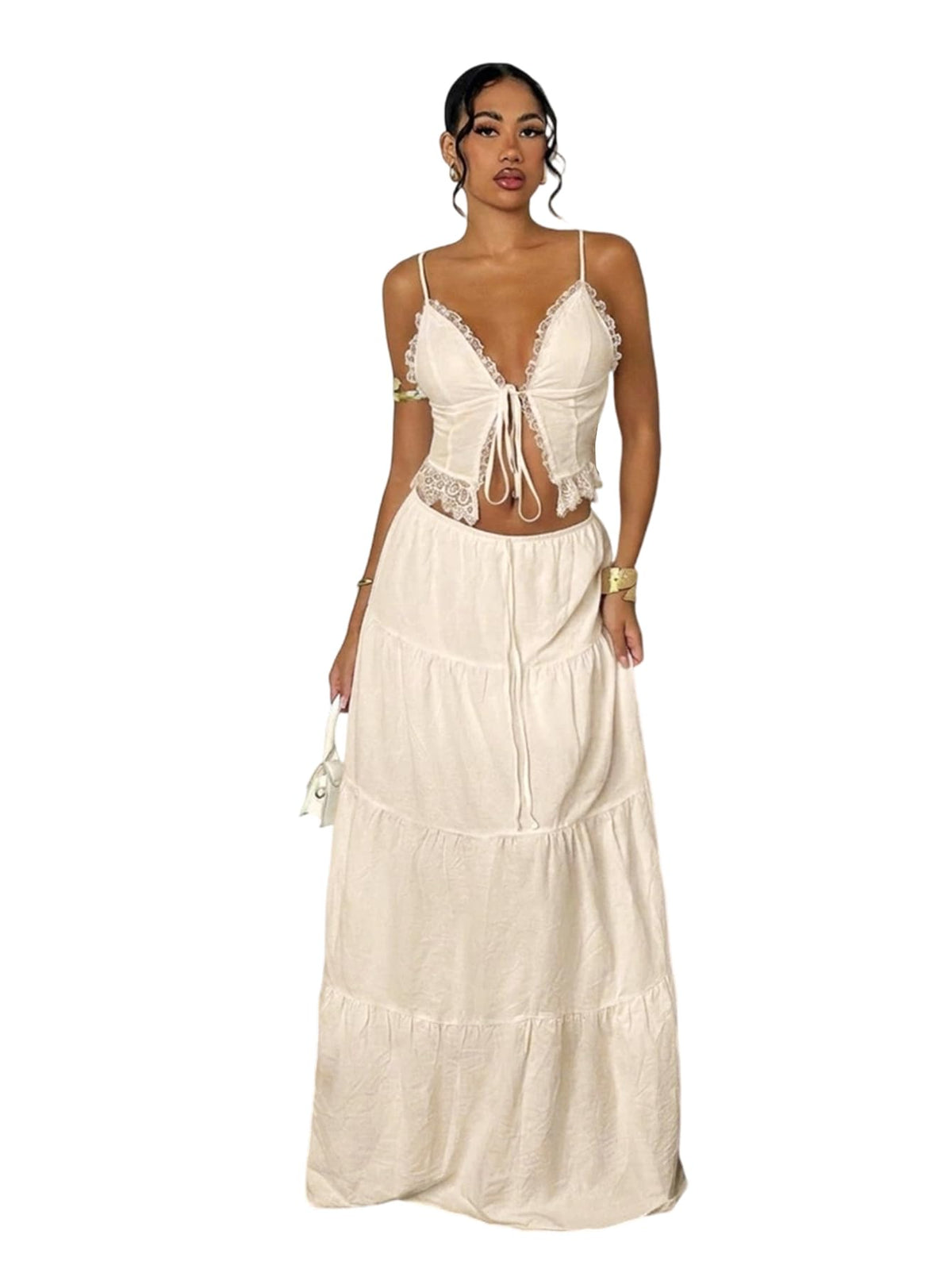 Floerns Women's 2 Piece Outfit Tie Front Camisole Top Tiered Maxi Skirt Set