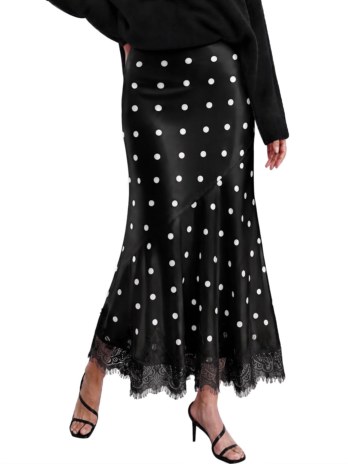 Tankaneo Womens Satin Skirt Polka Dot Silk Lace Trim Mermaid Maxi Skirt