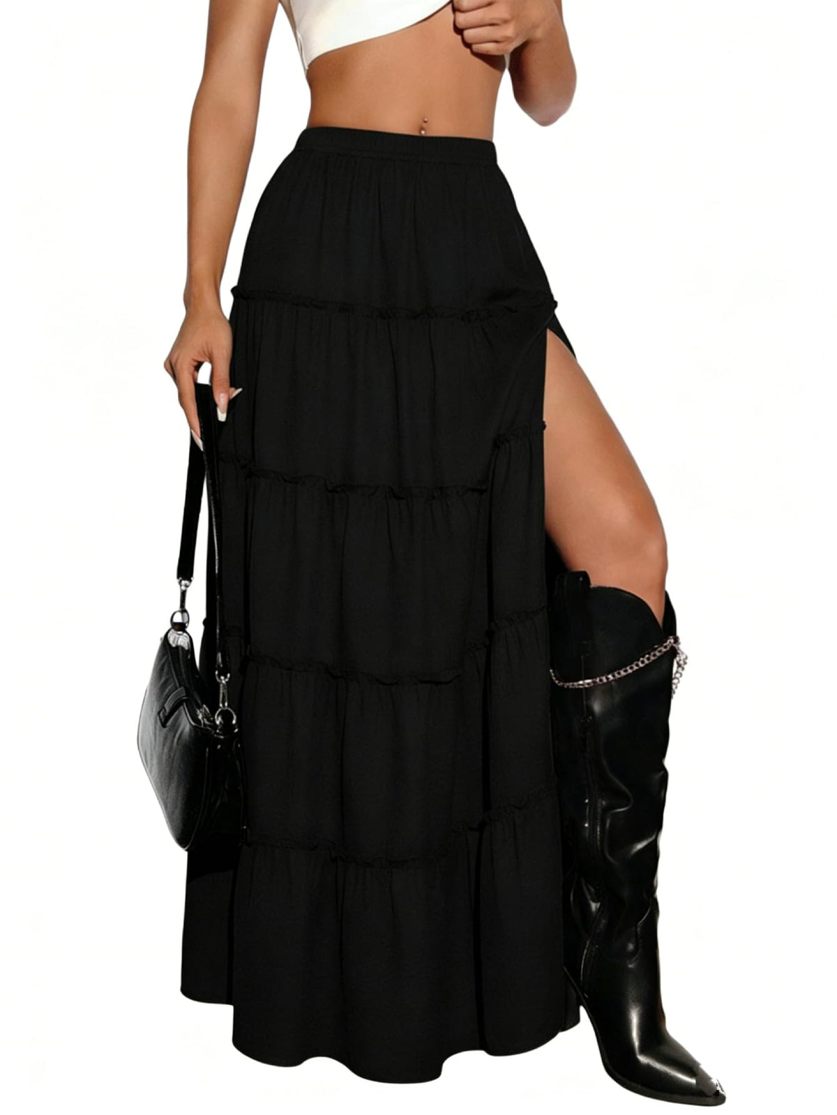 SHENHE Women's Plaid Maxi Skirt High Slit A‑Line Tiered Y2k Skirt