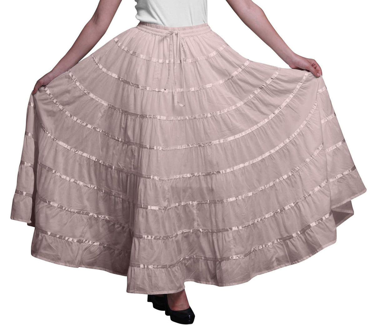 Solid Long Maxi Cotton Beach Wear Skirt for Women Elastic Waist Skirt Summer Wear