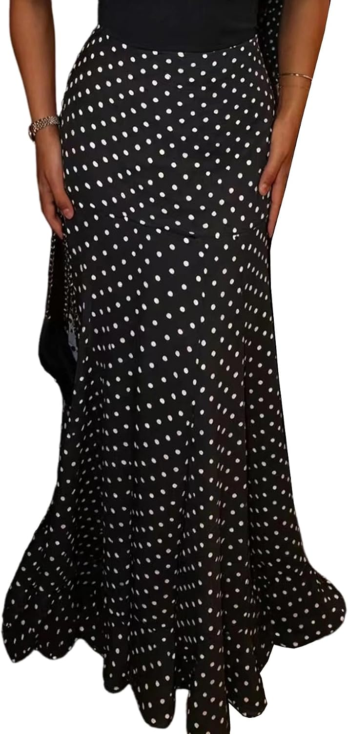Women's Chiffon Polka Dot Maxi Skirt Ruched Mermaid Ruffle Skirts